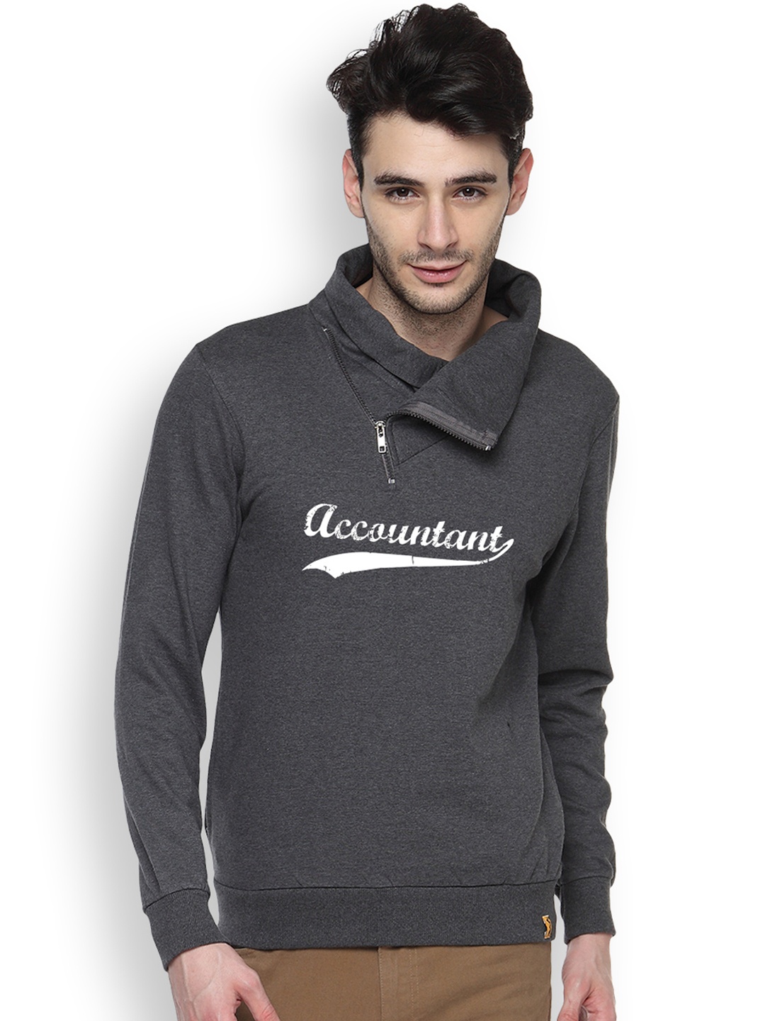 

Campus Sutra Grey Printed Hooded Sweatshirt