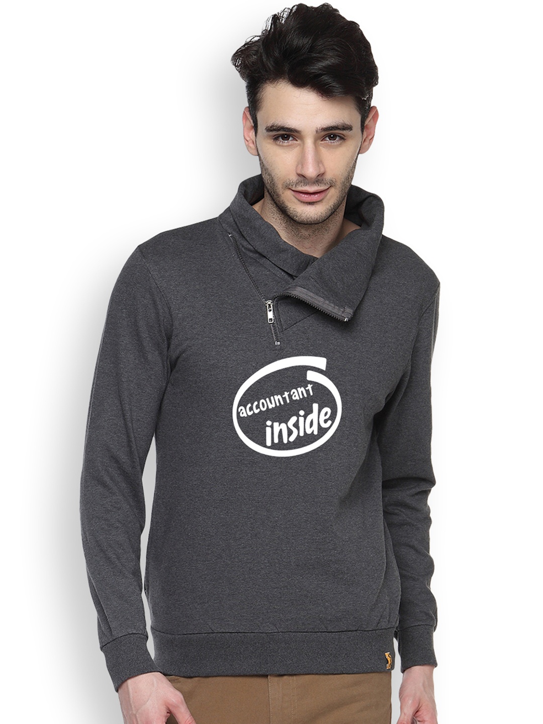 

Campus Sutra Grey Printed Hooded Sweatshirt