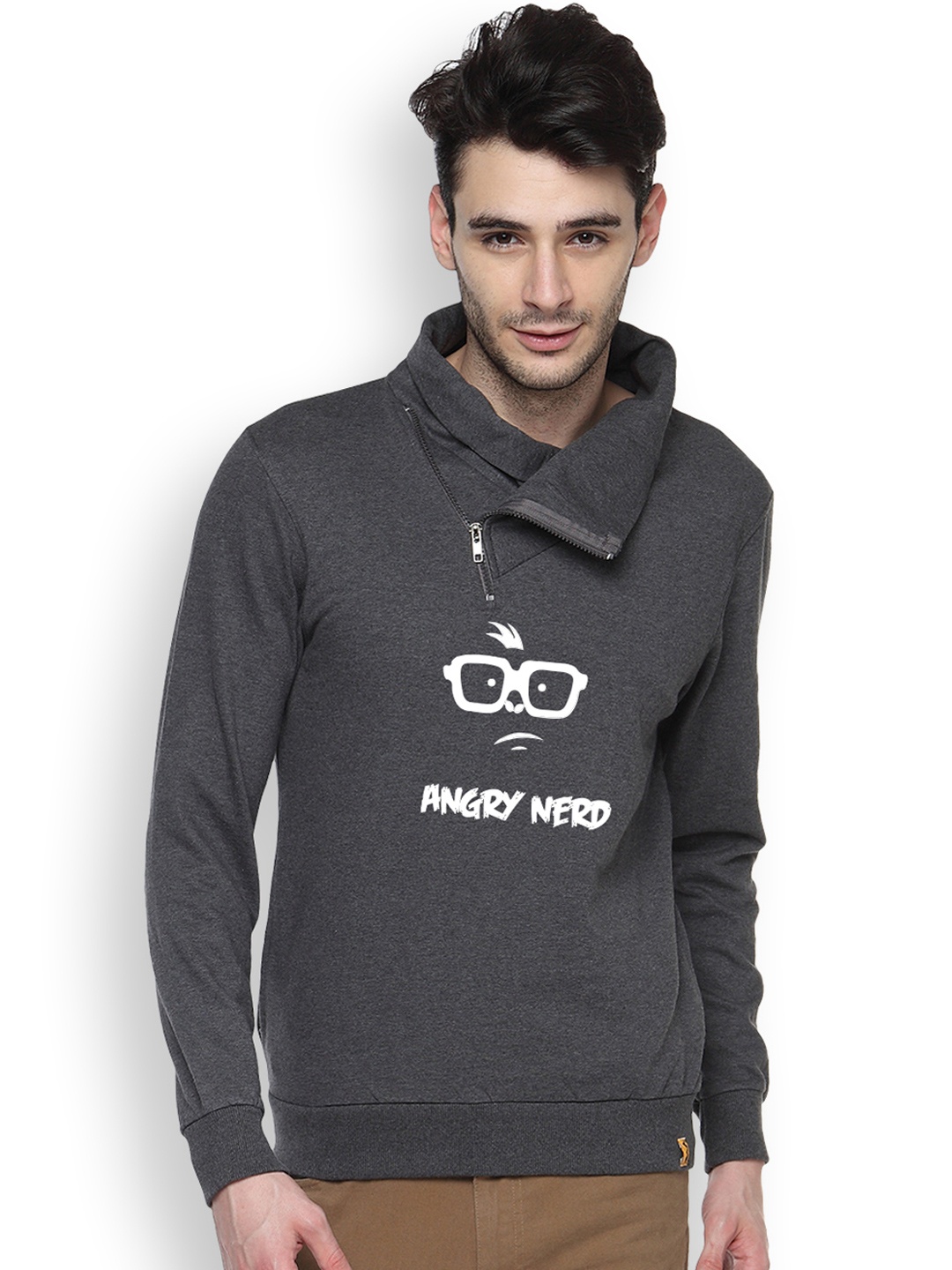 

Campus Sutra Grey Printed Hooded Sweatshirt