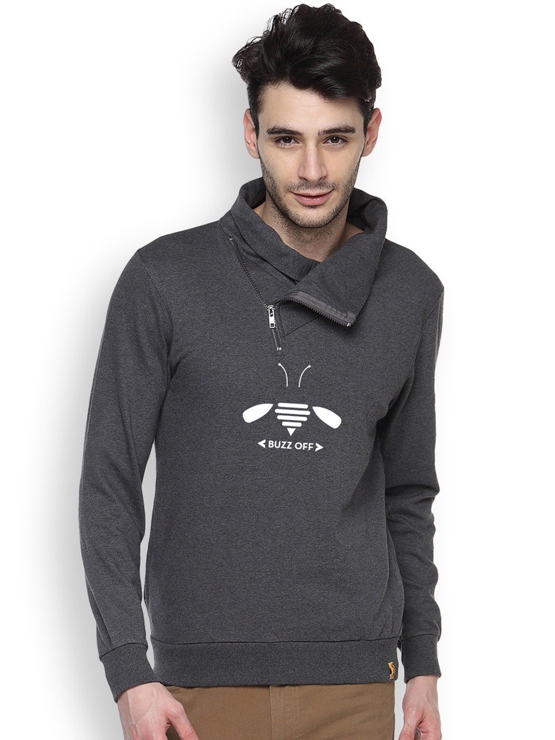 

Campus Sutra Grey Printed Hooded Sweatshirt