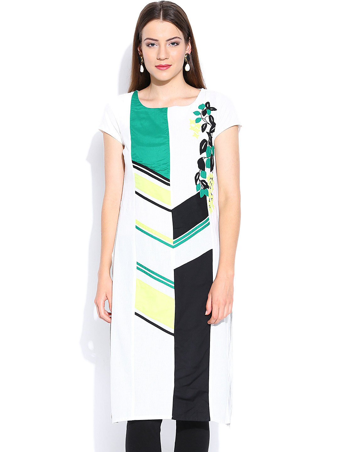 

W Off-White Panelled Kurta with Applique Detail