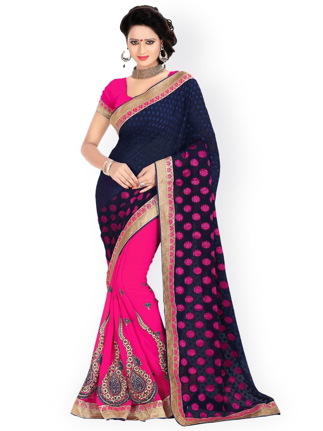 

Blissta Pink & Blue Embellished Georgette Saree