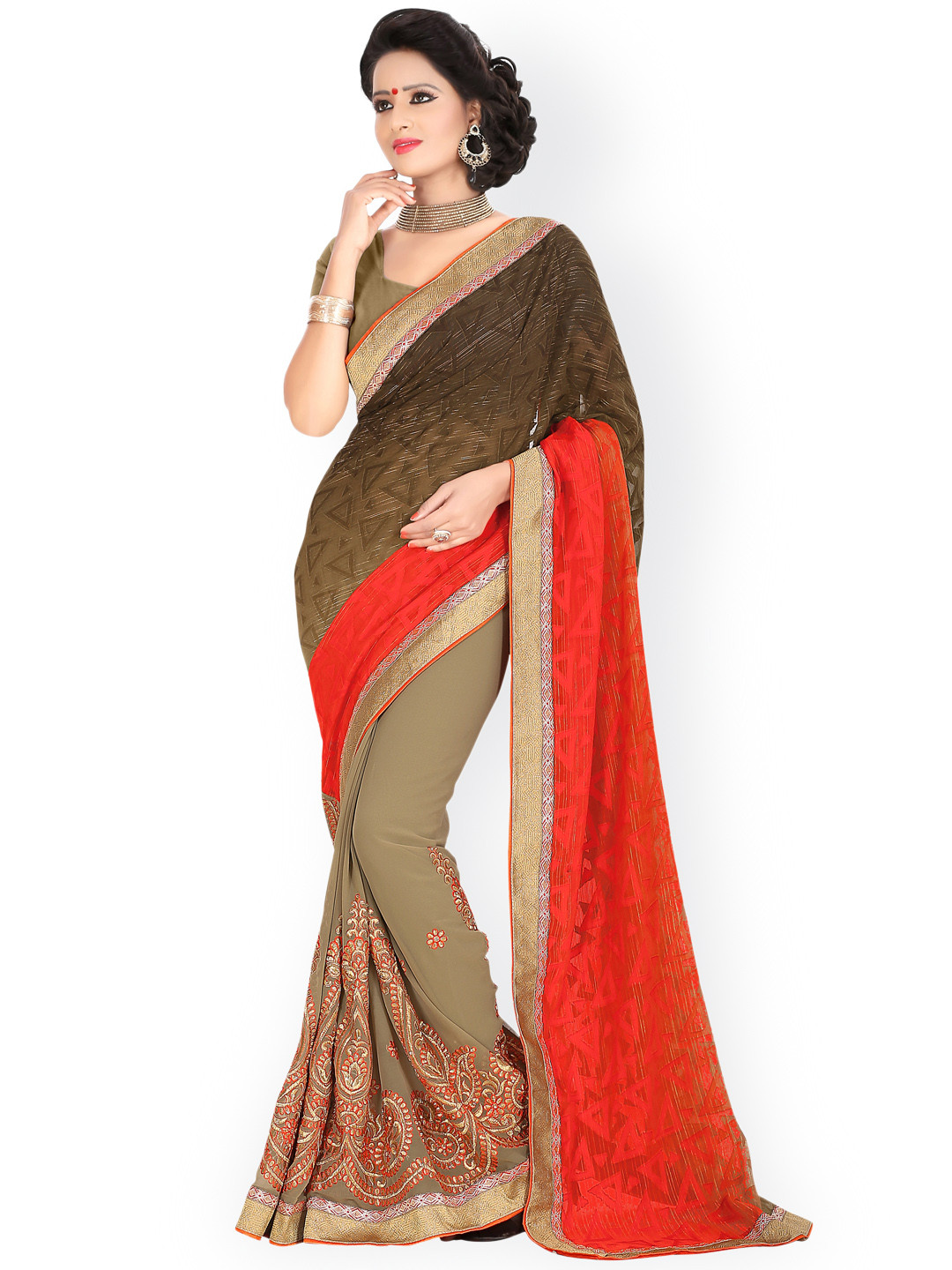 

Blissta Brown & Orange Embellished Georgette Saree