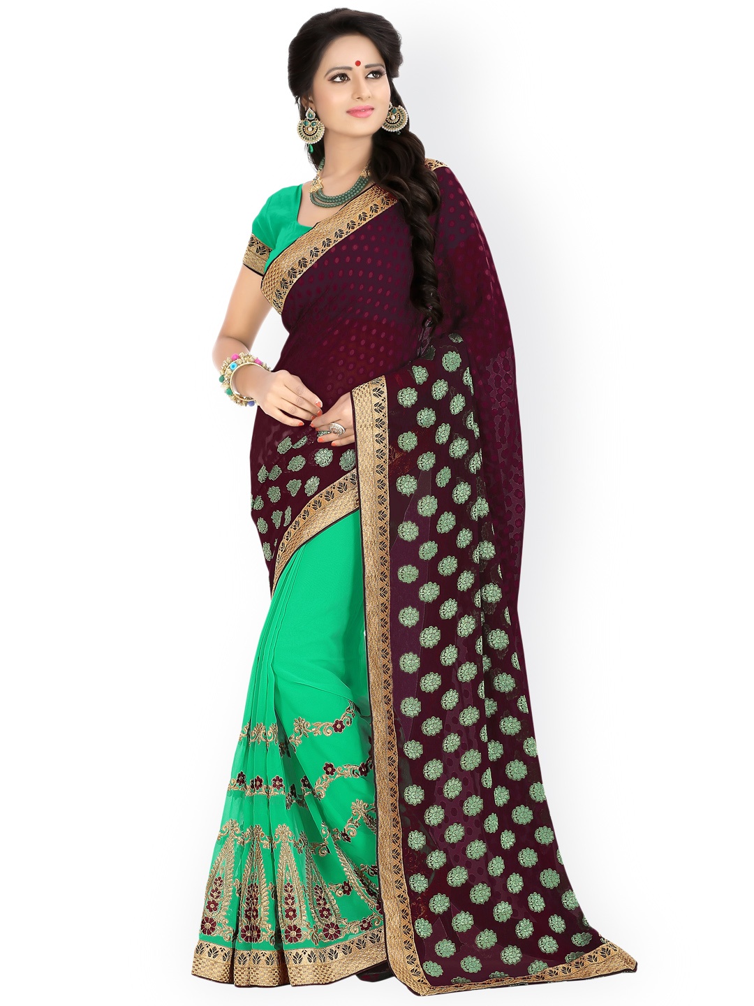 

Blissta Brown & Green Embellished Georgette Saree