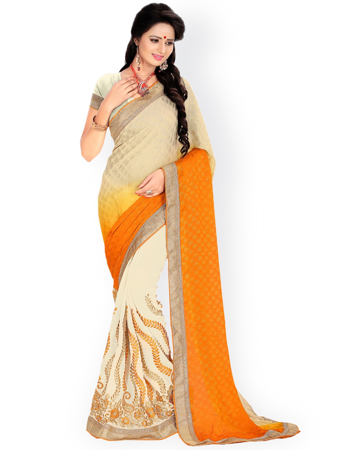 

Blissta Off-White & Orange Georgette Embellished Saree