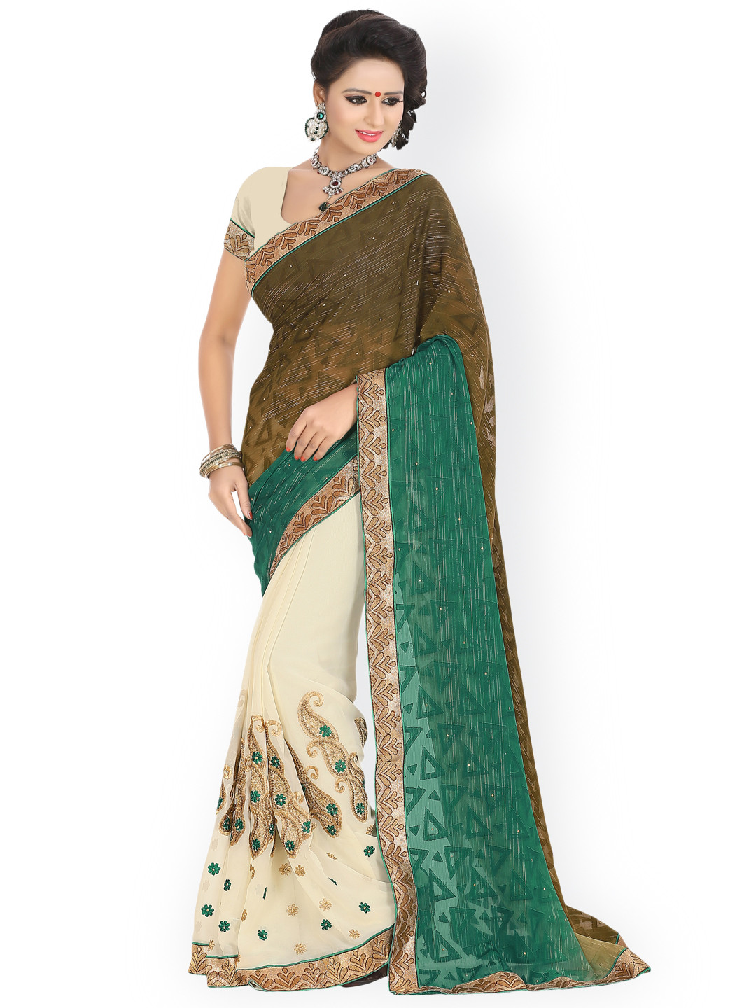 

Blissta White & Brown Georgette Embellished Saree