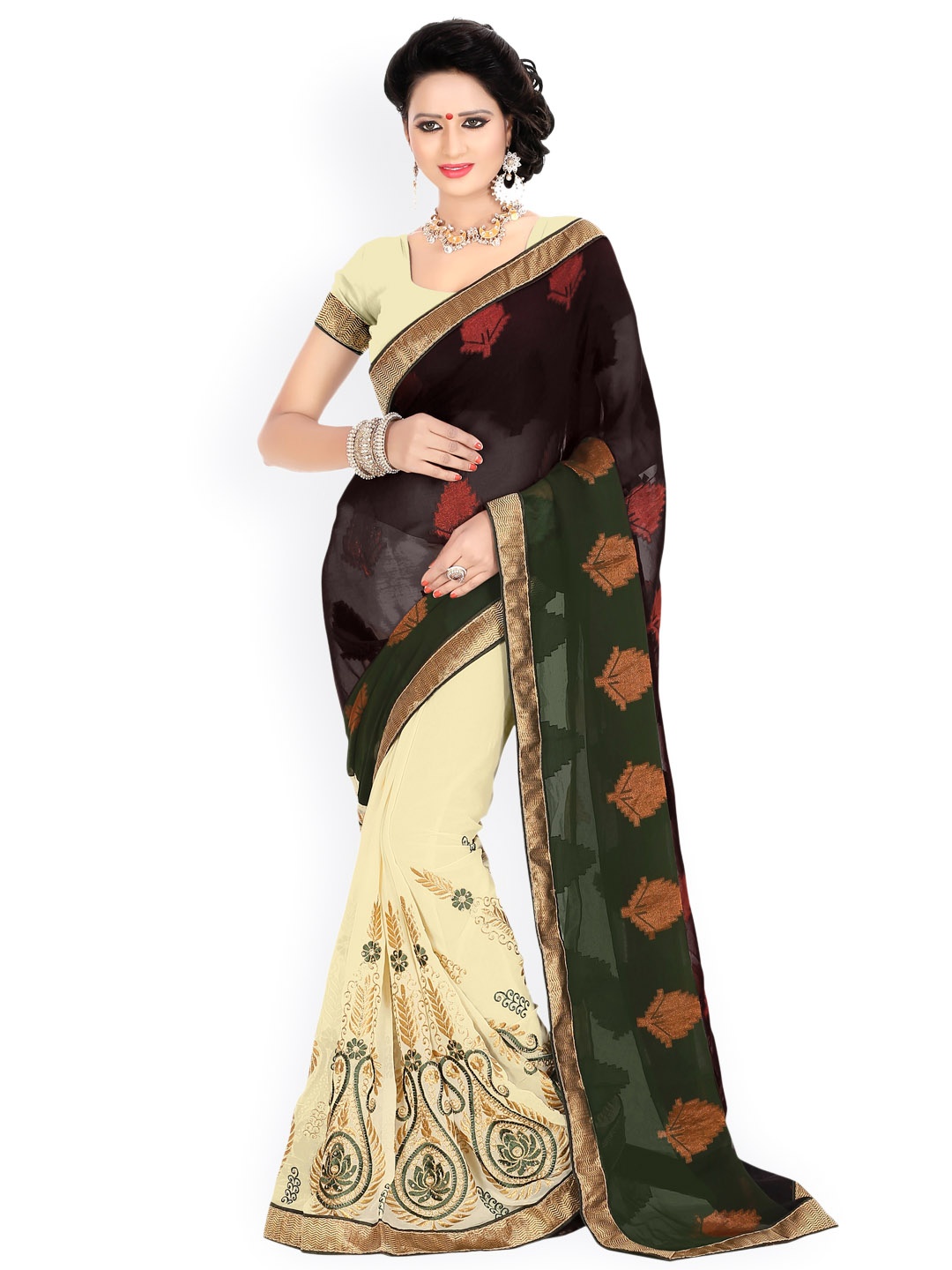 

Blissta Black & Cream-Coloured Georgette Embellished Saree