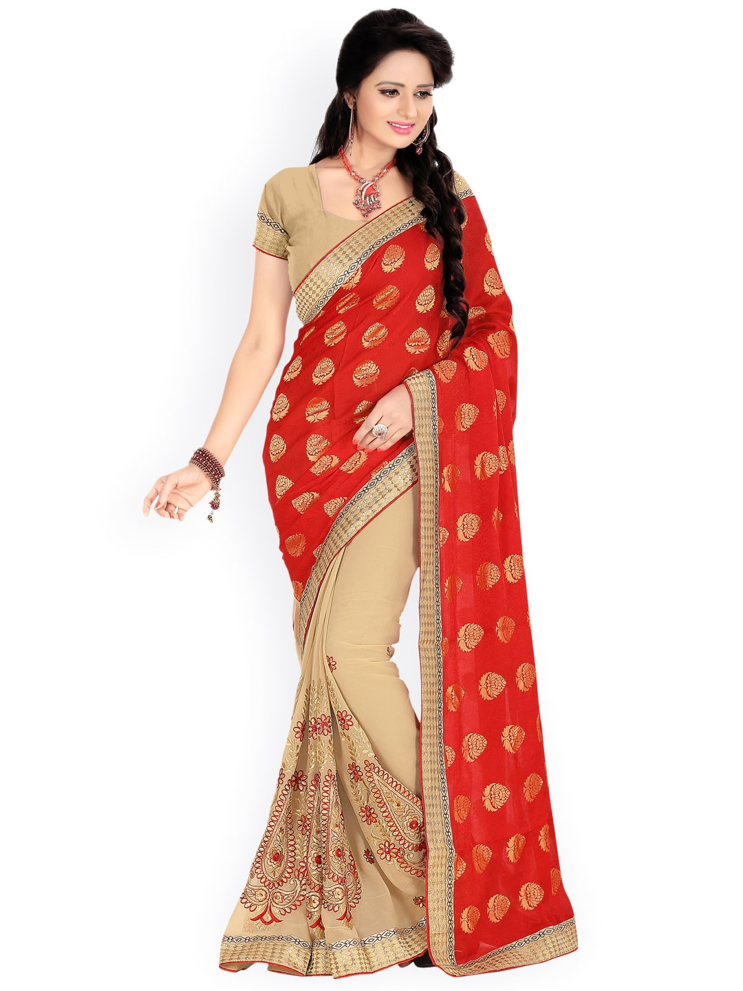 

Blissta Red & Beige Georgette Embellished Saree