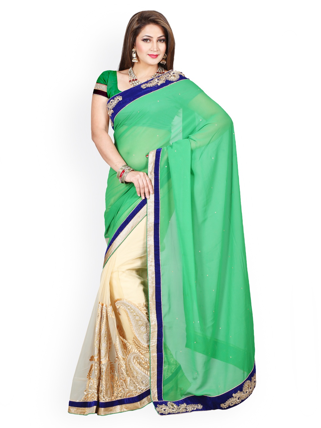 

Kalista Green & Beige Chiffon Embellished Saree