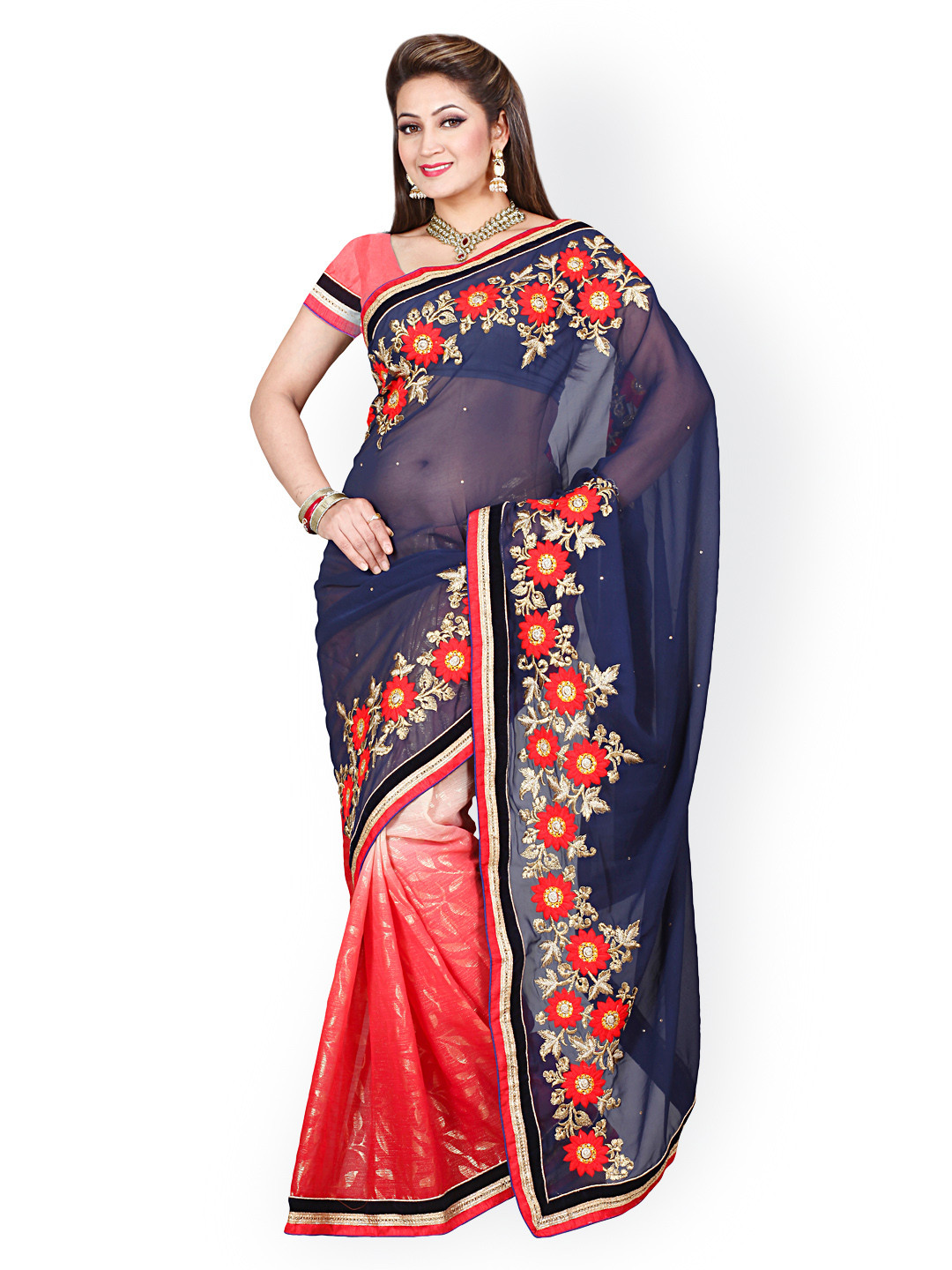 

Kalista Navy & Coral Red Faux Chiffon & Jacquard Embellished Saree, Navy blue