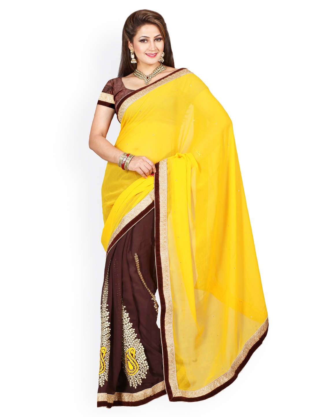 

Kalista Yellow & Brown Georgette Embellished Saree