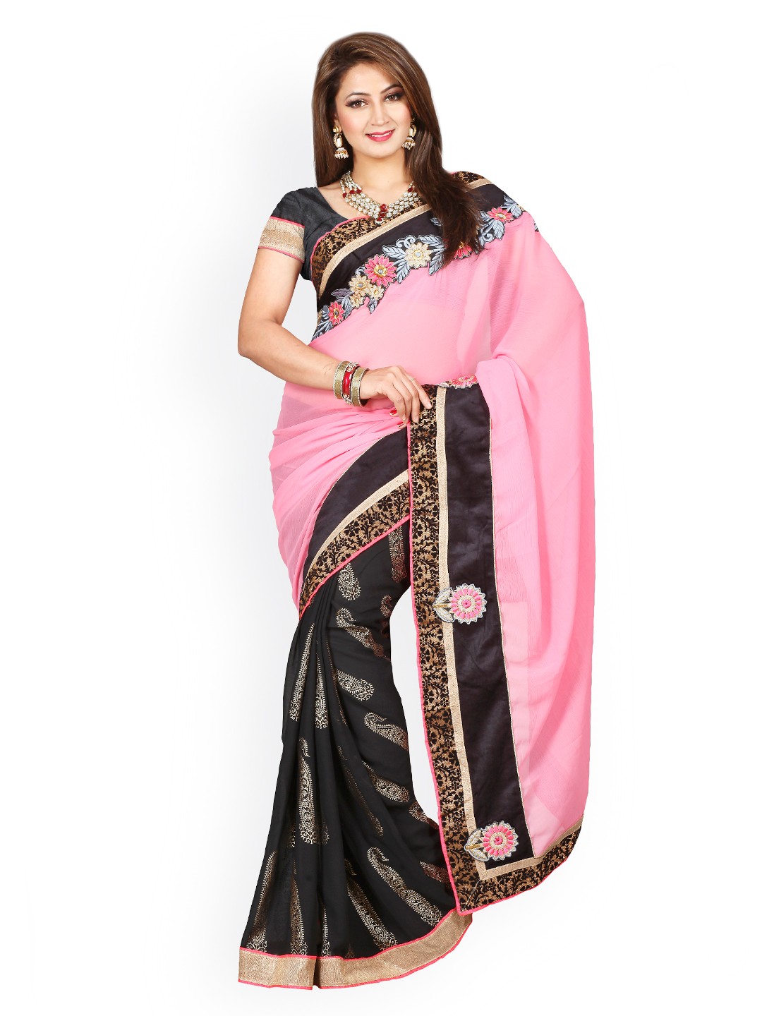 

Kalista Pink & Black Embroidered Jacquard Saree