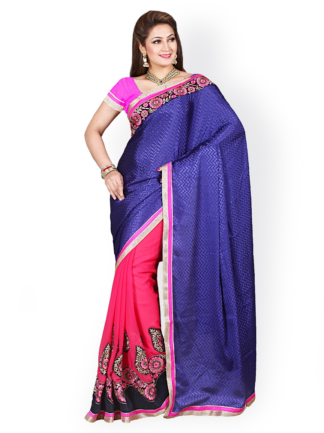 

Kalista Blue & Pink Georgette & Jacquard Embroidered Saree