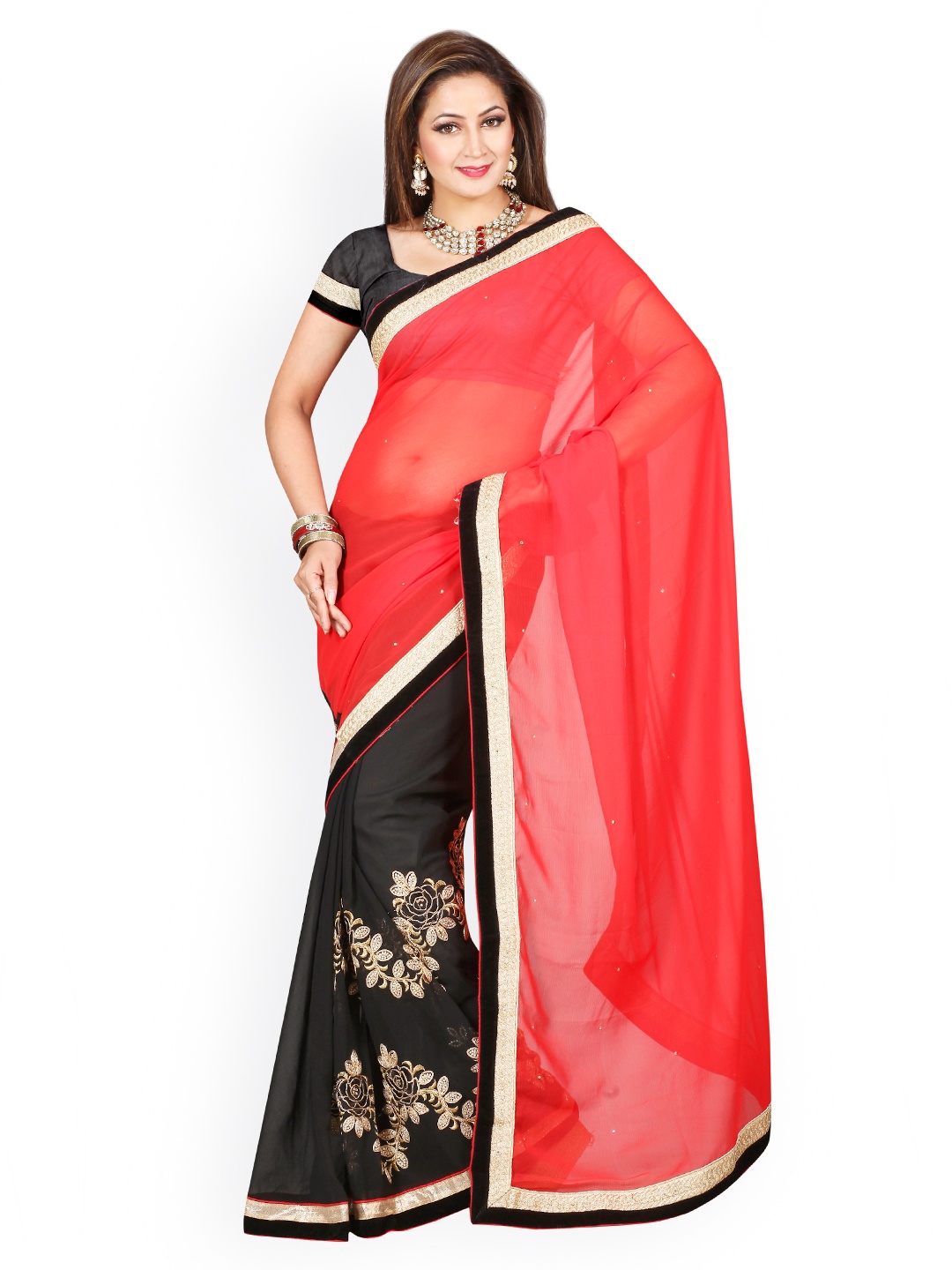 

Kalista Black & Red Jacquard Embellished Saree