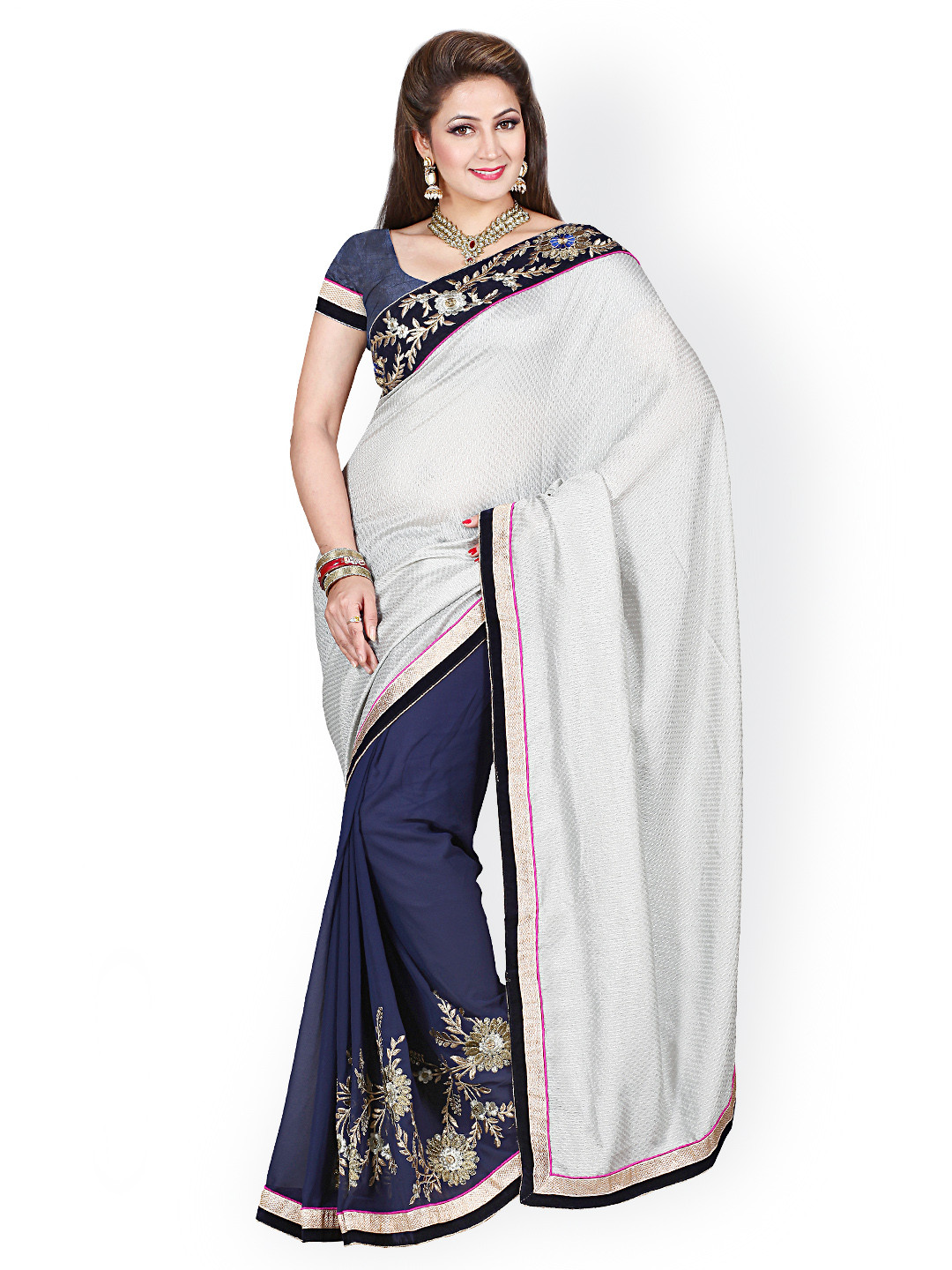 

Kalista Grey & Navy Georgette & Jacquard Embroidered Saree