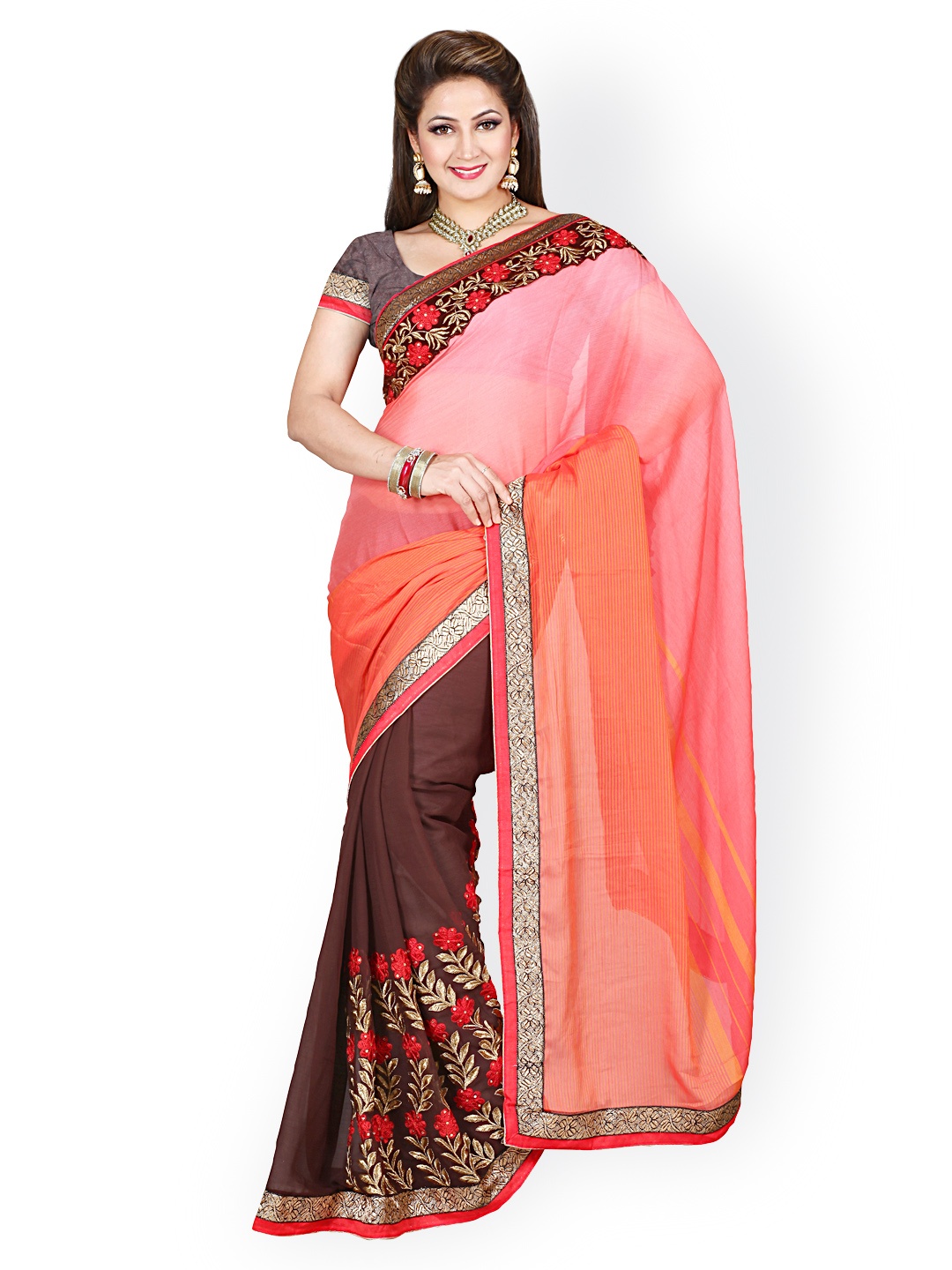 

Kalista Pink & Brown Faux Chiffon & Jacquard Embellished Saree