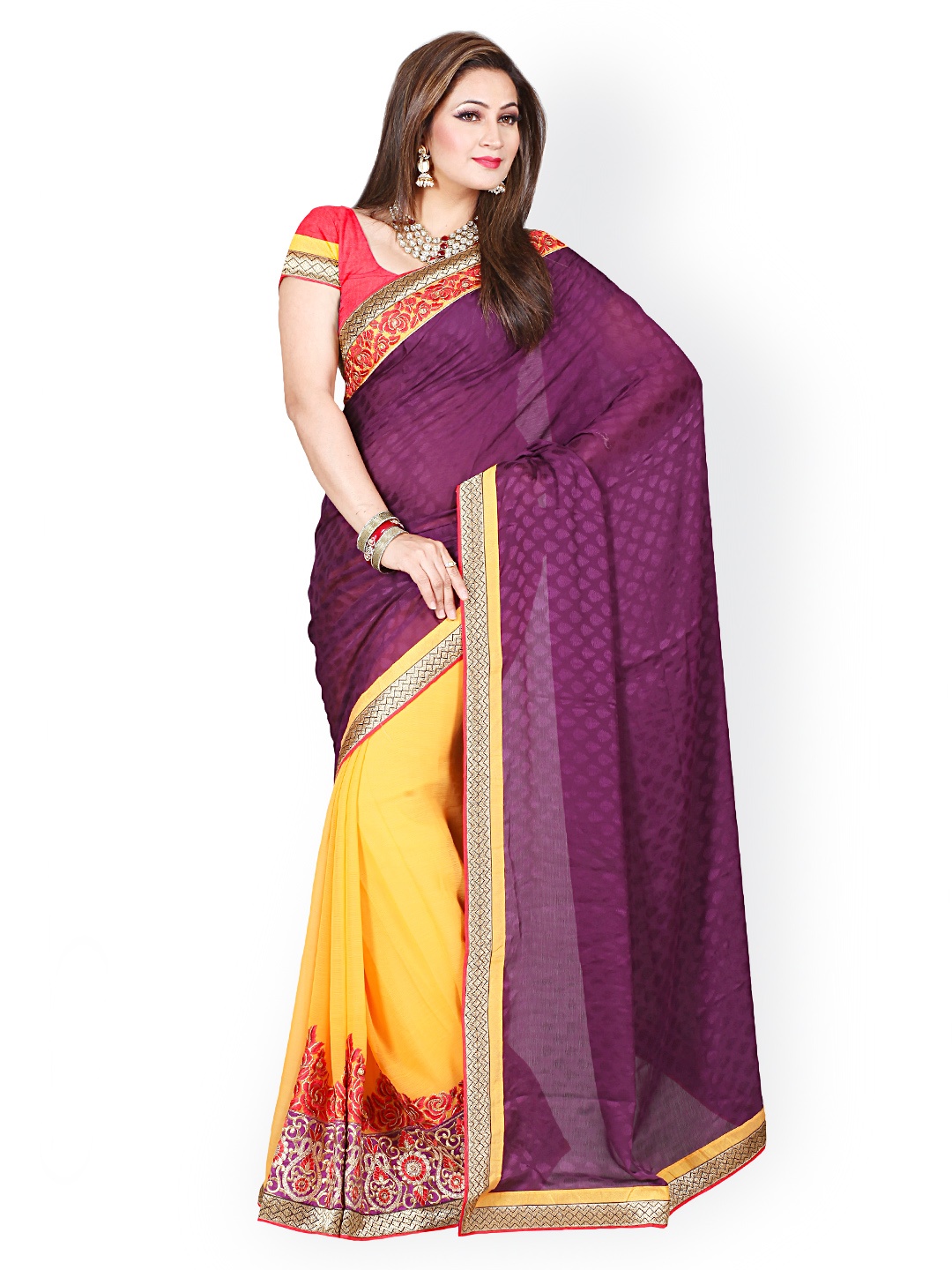 

Kalista Purple & Yellow Embroidered Faux Chiffon & Satin Saree