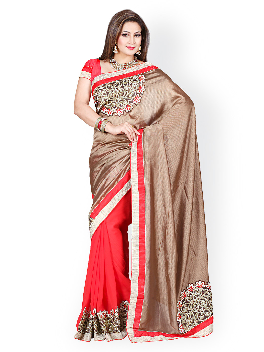 

Kalista Brown & Red Embroidered Chiffon Saree