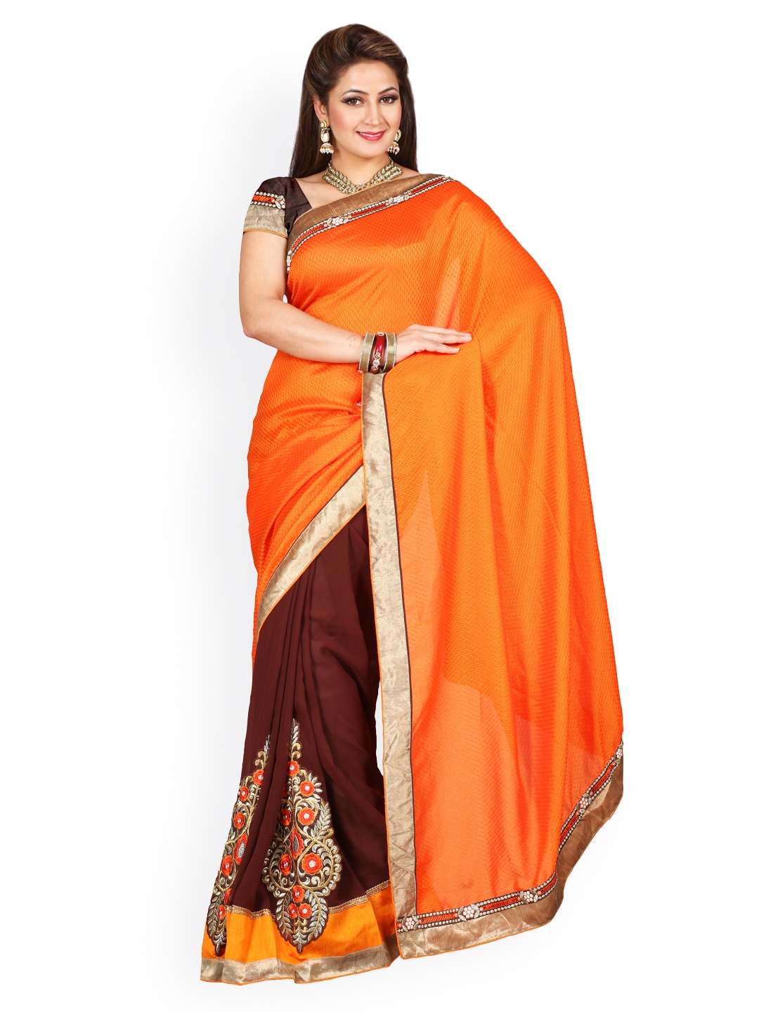 

Kalista Orange & Brown Embroidered Chiffon Saree
