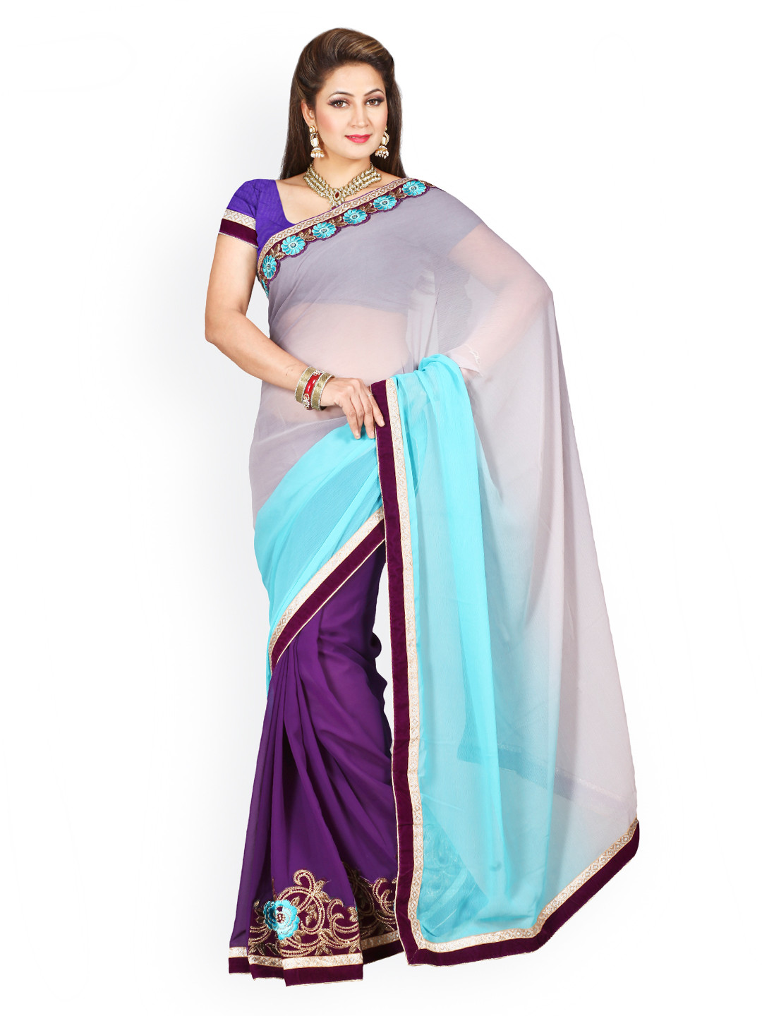 

Kalista Turquoise Blue & Purple Embroidered Chiffon Saree