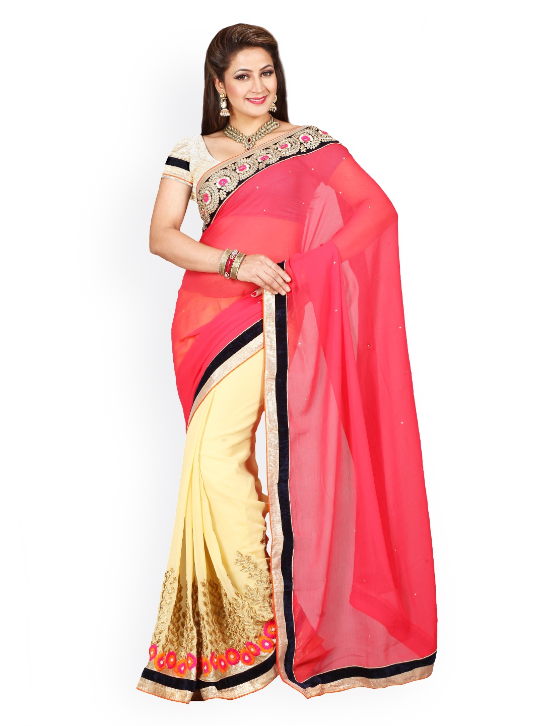 

Kalista Red & Beige Chiffon Embellished Saree