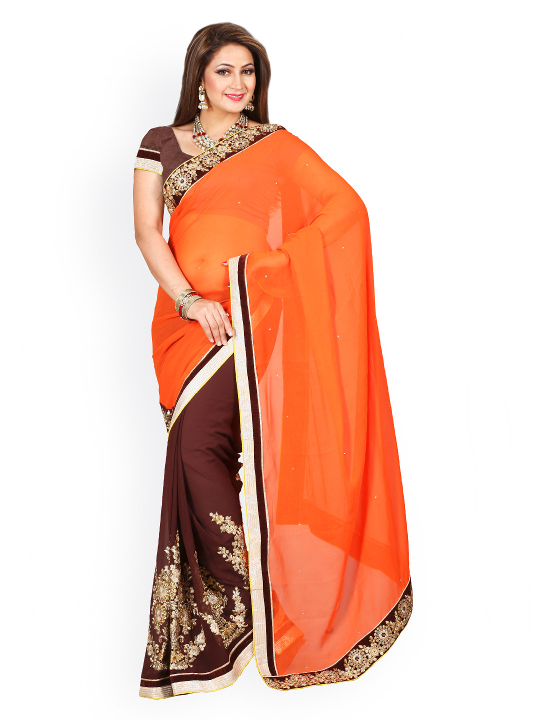 

Kalista Orange & Brown Chiffon Embellished Saree