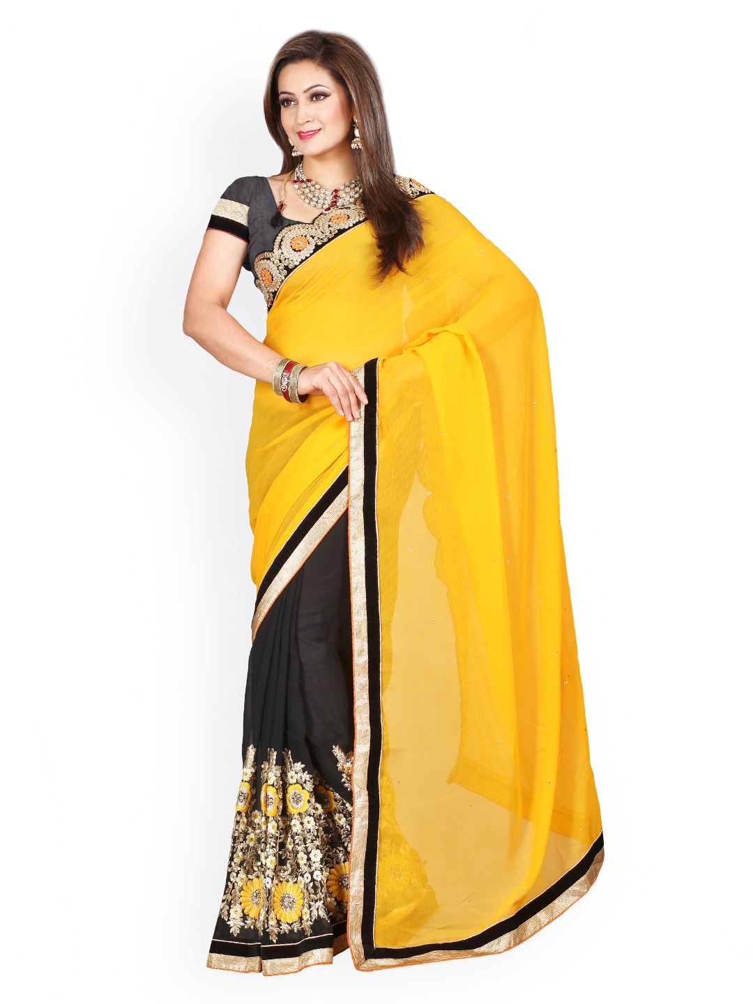 

Kalista Black & Yellow Chiffon Embellished Saree