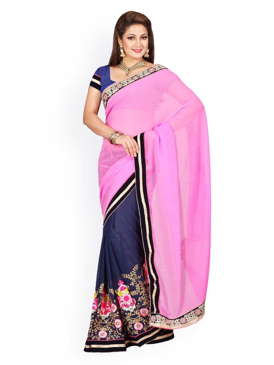 

Kalista Pink & Navy Chiffon & Jacquard Embellished Saree