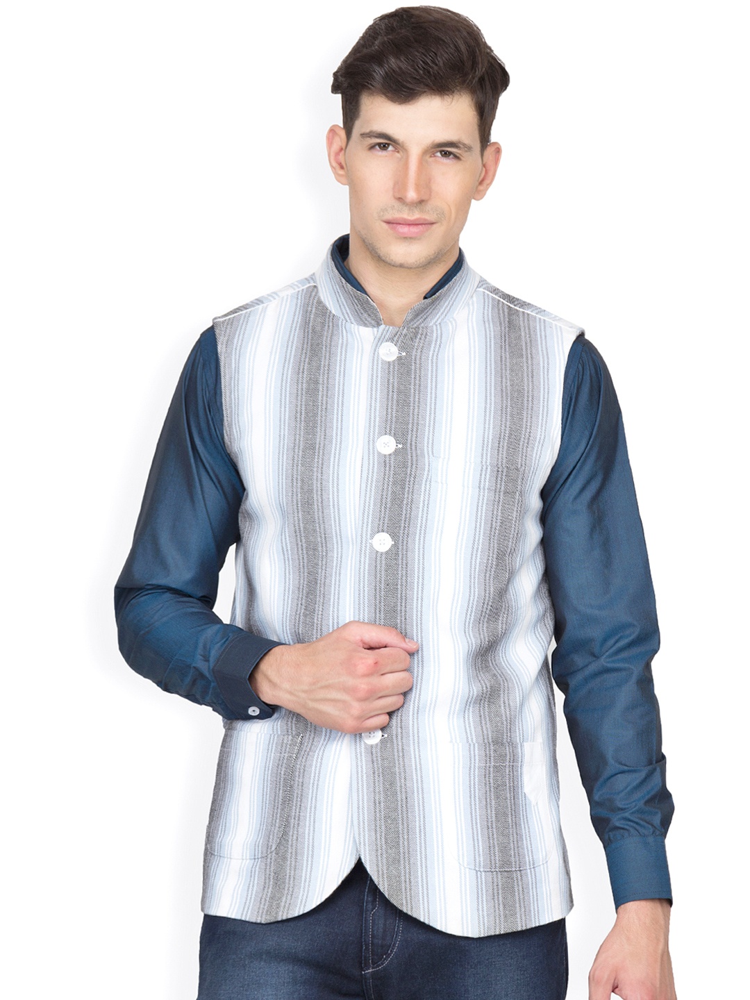 

Hypernation White & Grey Striped Nehru Jacket