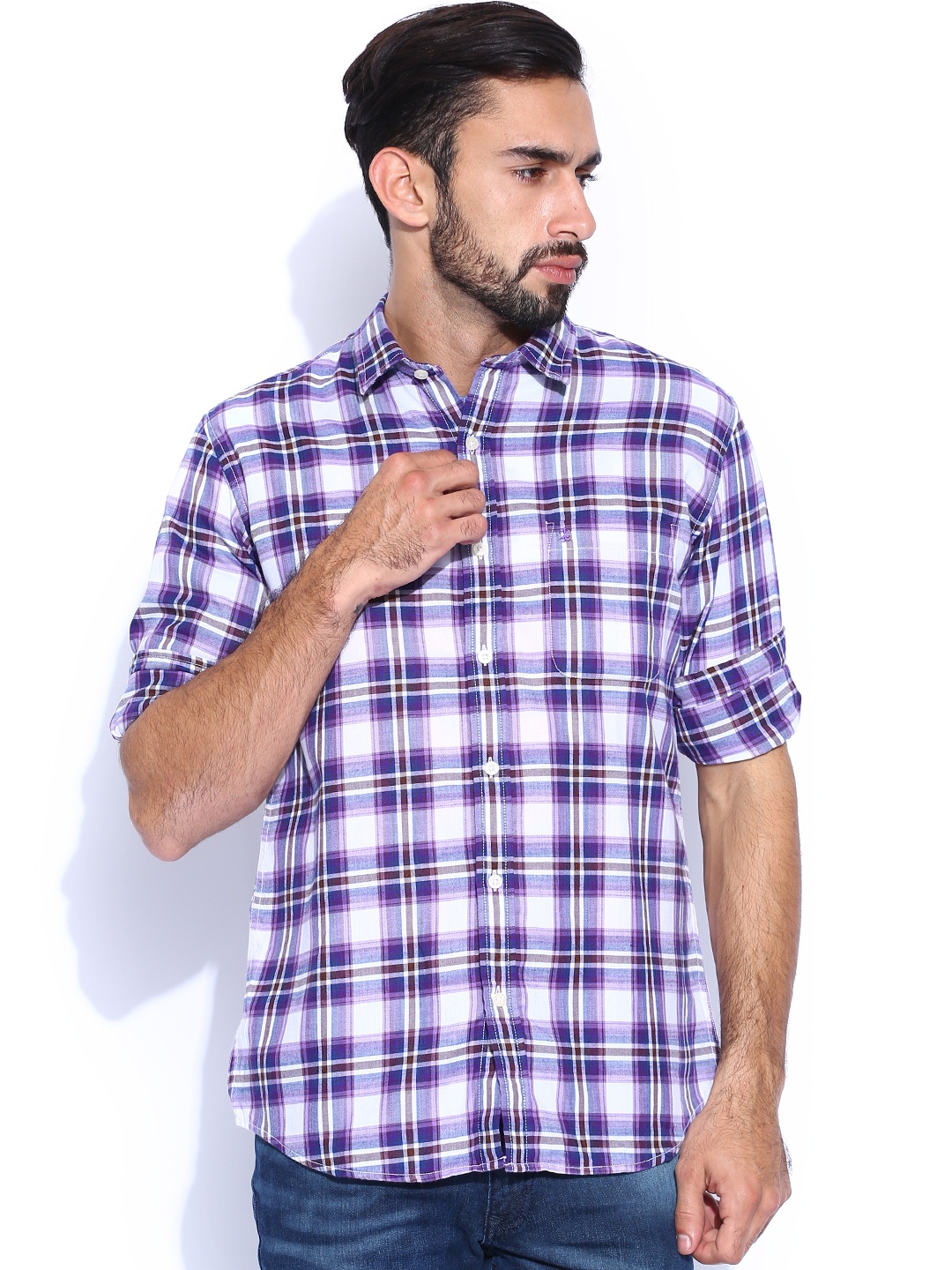 

IZOD Purple & White Checked Slim Casual Shirt