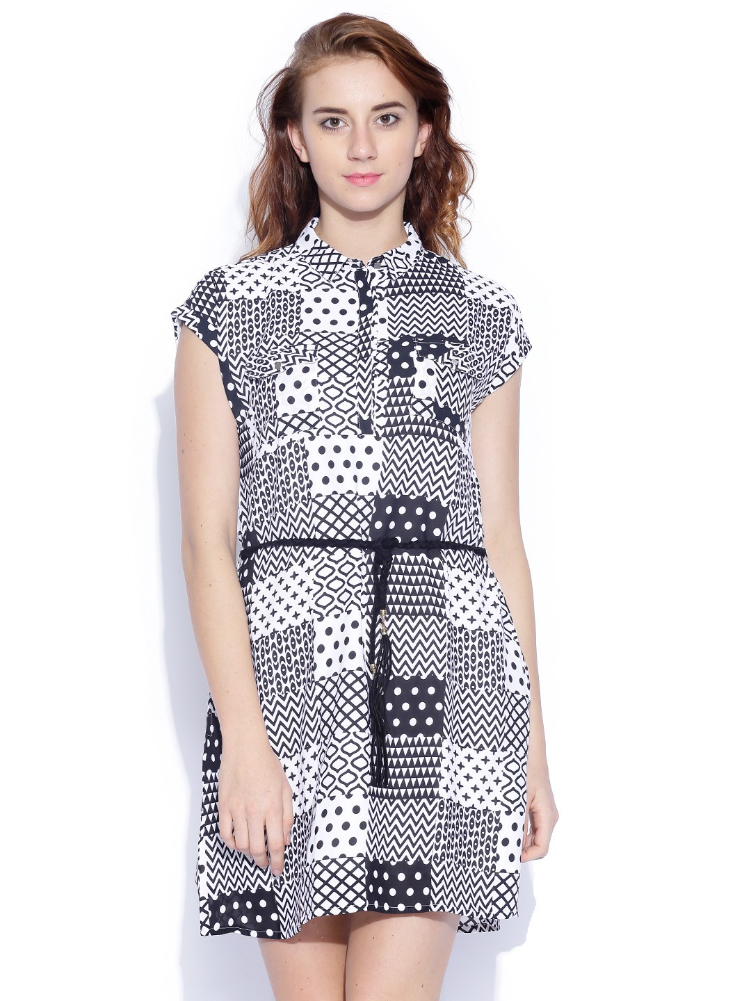 

Tokyo Talkies White & Black Printed Belted Dress