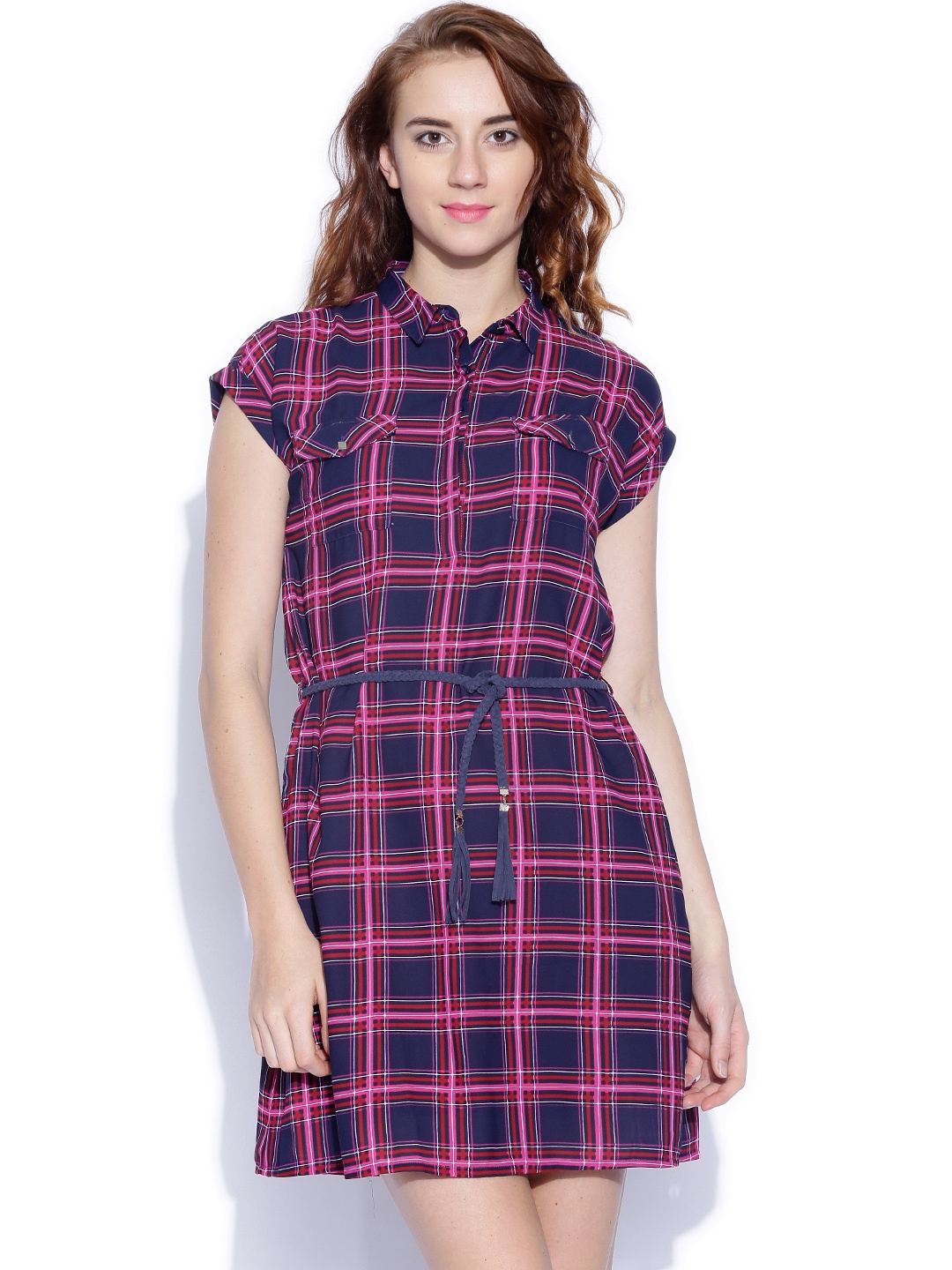 

Tokyo Talkies Navy & Pink Checked Shirt Dress, Navy blue