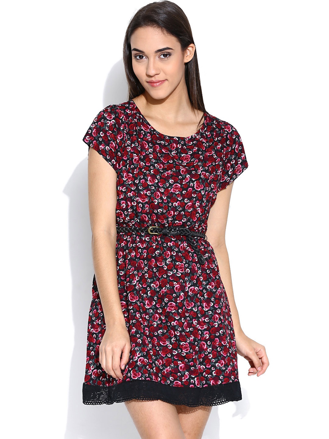 

Sera Black & Maroon Printed Fit & Flare Dress