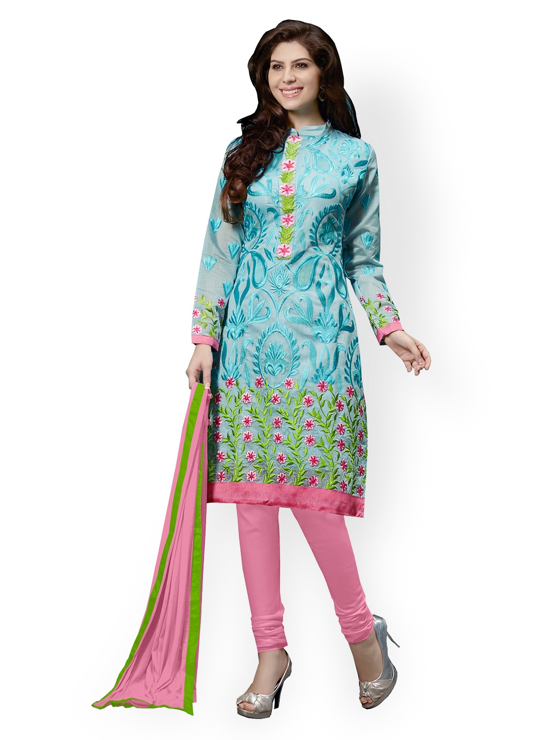 

Blissta Blue & Pink Embroidered Chanderi Cotton Unstitched Dress Material
