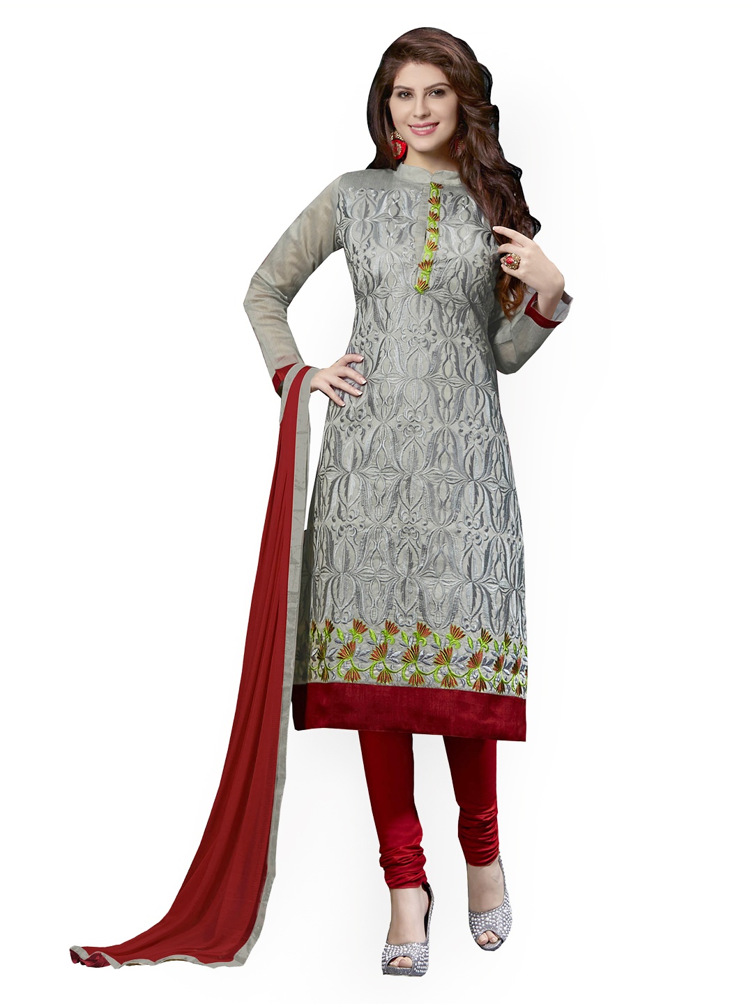 

Blissta Grey & Red Embroidered Chanderi Cotton Unstitched Dress Material