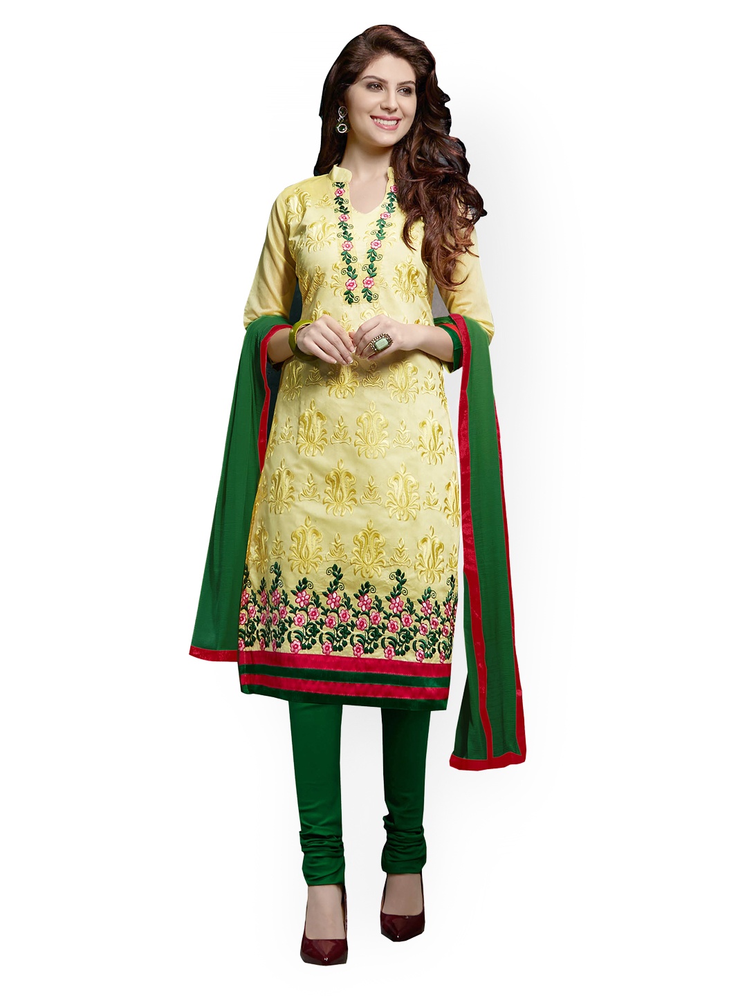 

Blissta Yellow & Green Embroidered Chanderi Cotton Unstitched Dress Material
