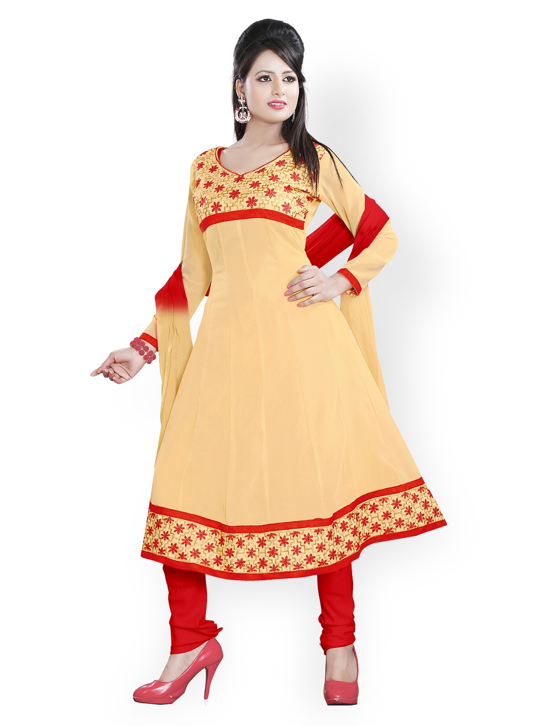 

Blissta Beige & Red Embroidered Georgette Anarkali Semi-Stitched Dress Material
