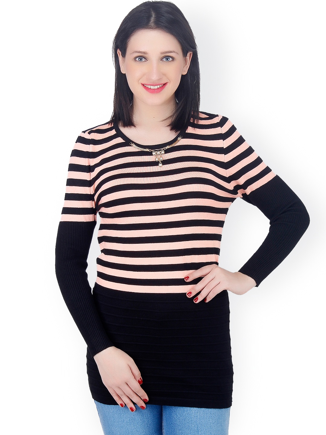 

Camey Peach-Coloured & Black Striped Sweater