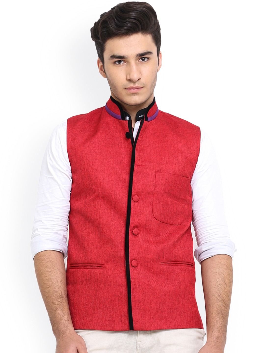 

Shaftesbury London Red Jute Nehru Jacket