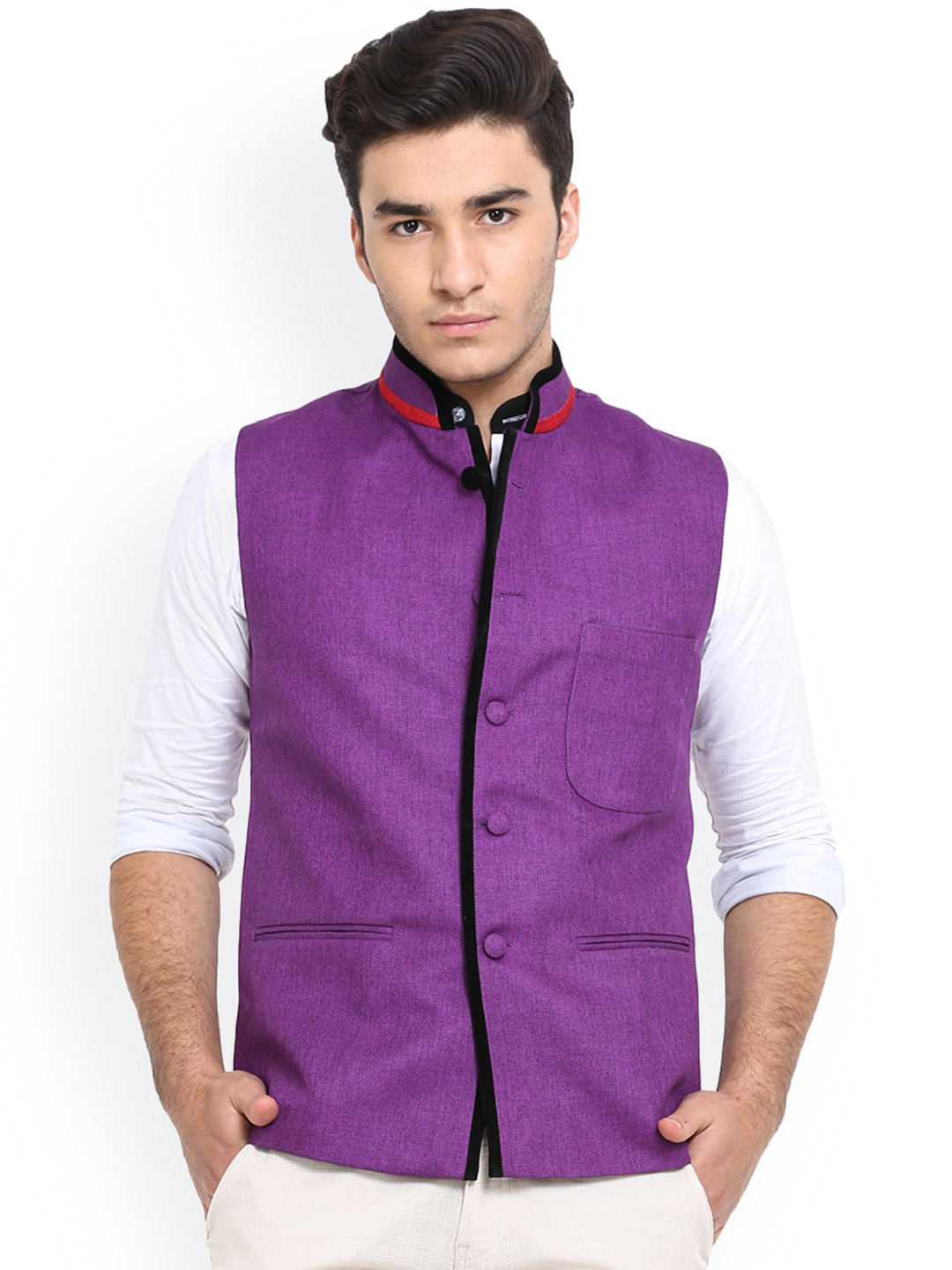 

Shaftesbury London Purple Jute Nehru Jacket