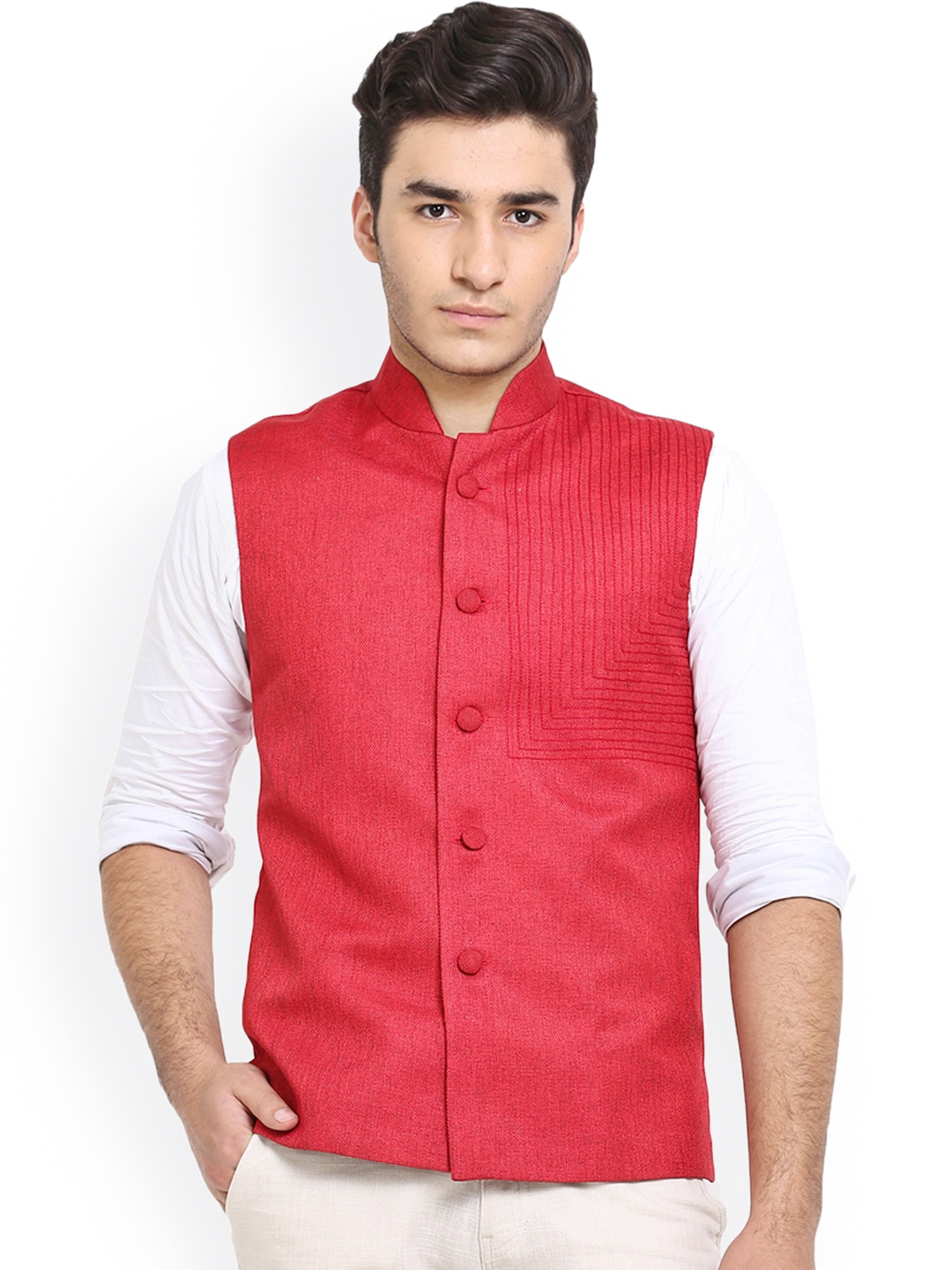

Shaftesbury London Red Jute Nehru Jacket