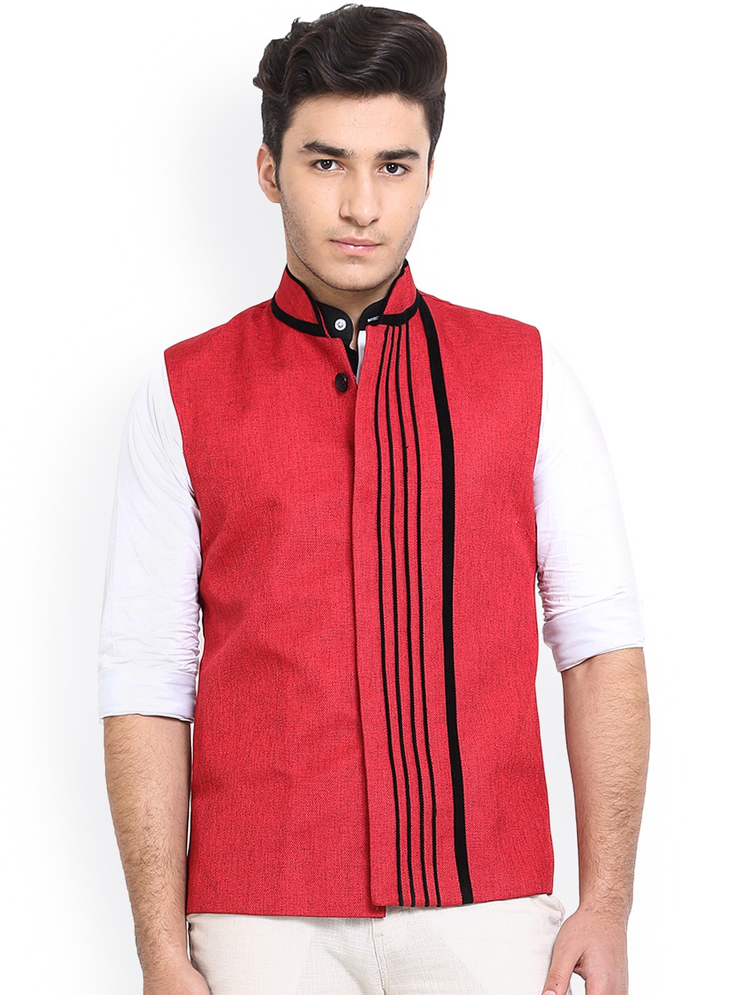 

Shaftesbury London Red Jute Nehru Jacket