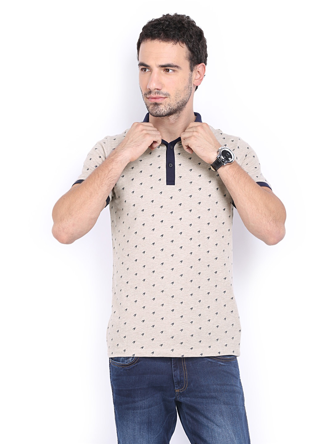 

Basics Men Light Brown Printed Pique Polo T-shirt