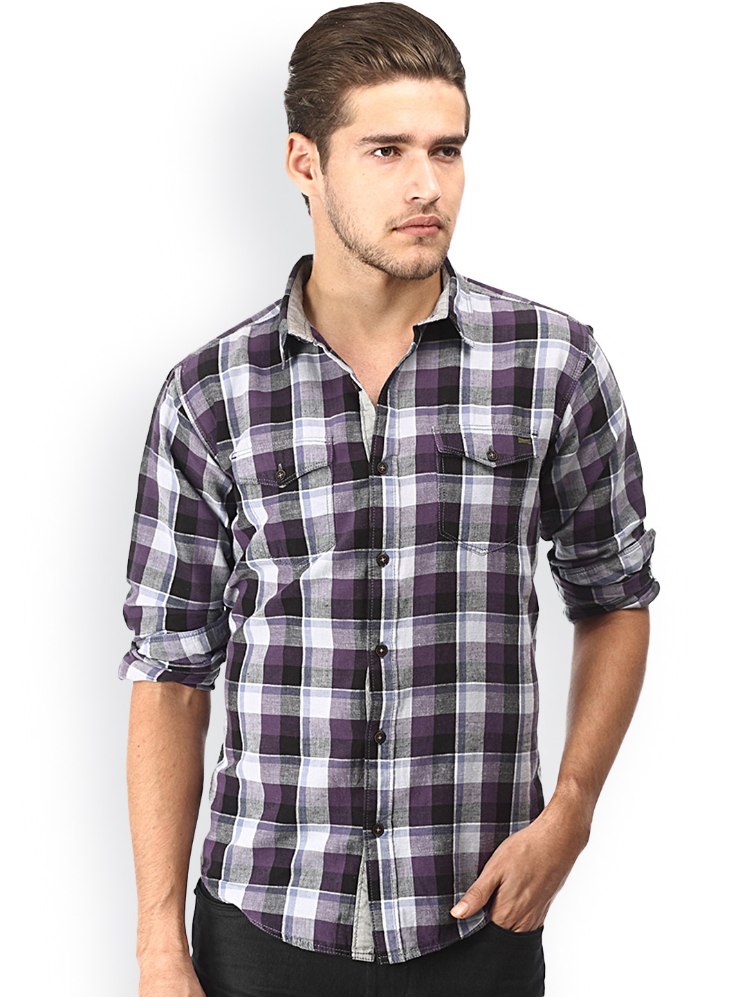 

Basics Men Purple & White Checked Linen Blend Slim Fit Casual Shirt