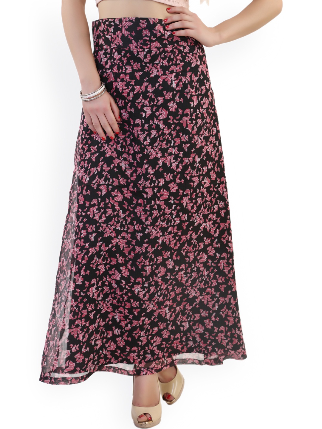 

Belle Fille Black & Pink Printed Maxi Skirt