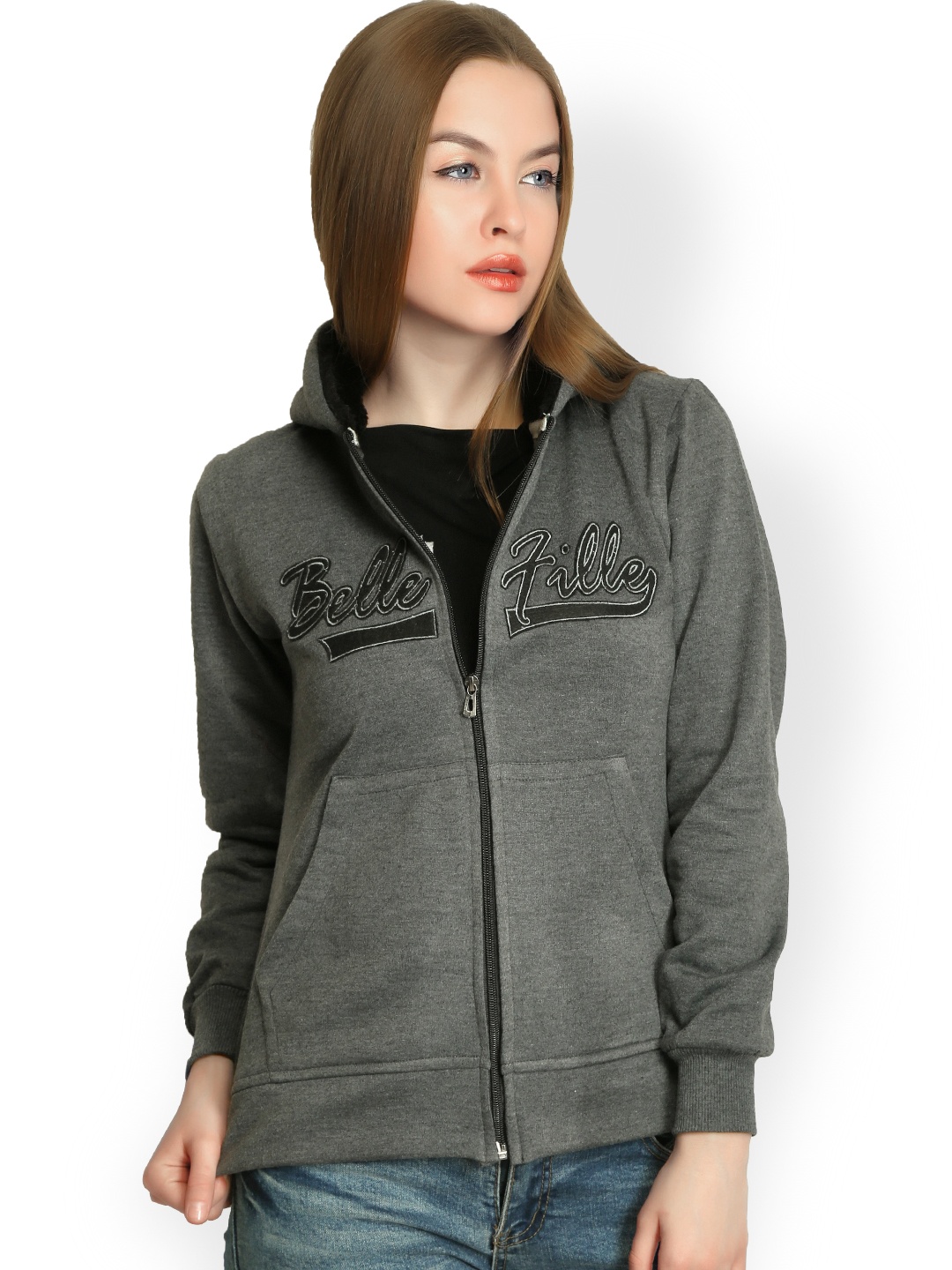 

Belle Fille Women Grey Hooded Relaxed Fit Sweatshirt