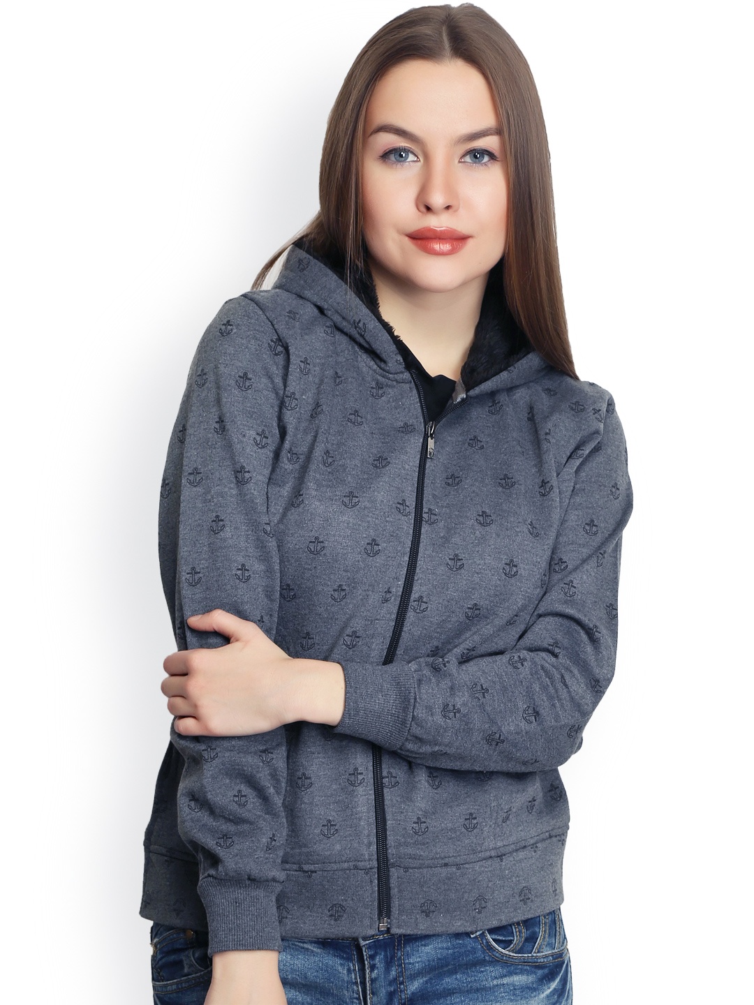 

Belle Fille Women Grey Printed Hooded Jacket