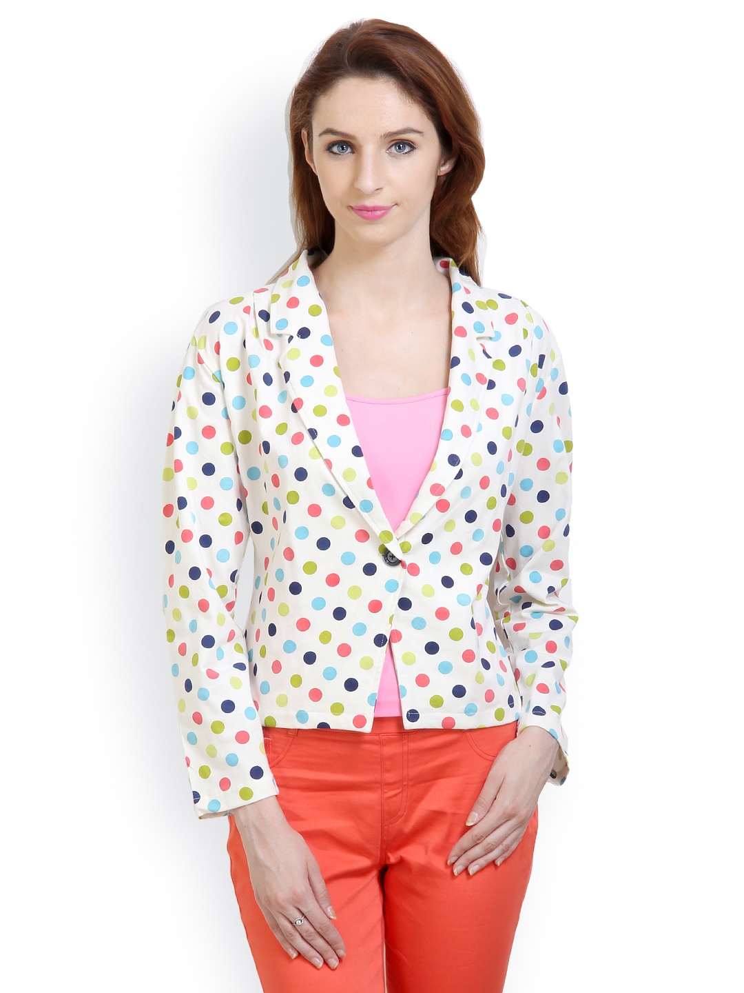 

Belle Fille Women Off White Polka Dot Printed Jacket