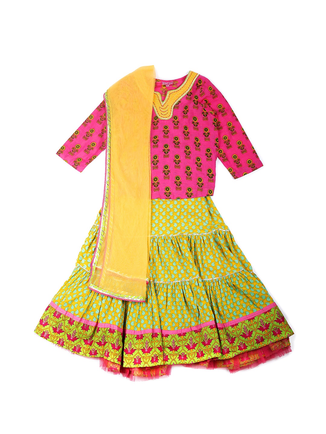 

Biba Girls Pink & Yellow Printed Lehenga Choli with Dupatta