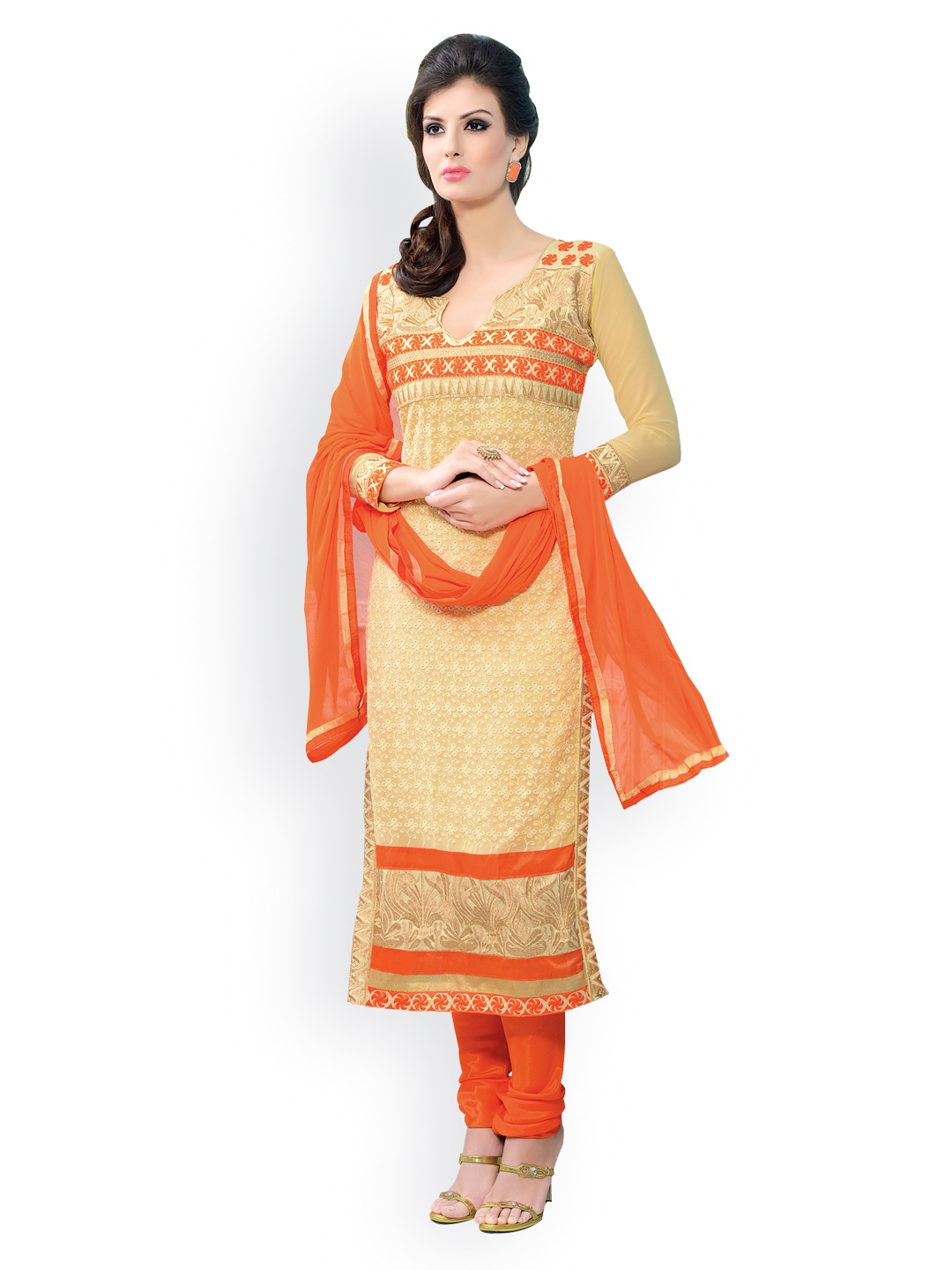 

Blissta Beige & Orange Embroidered Georgette Unstitched Dress Material